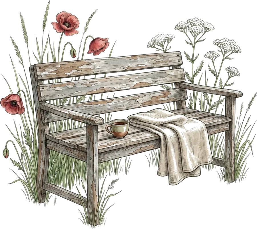 Een lege houten tuinbank tussen klaprozen en duizendblad, met een deken en een kop thee
